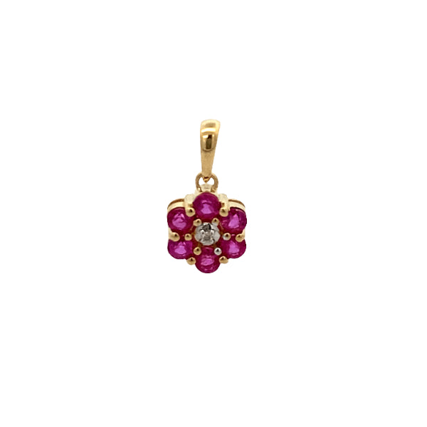 Ruby & diamond flower pendant set in 9ct yellow gold