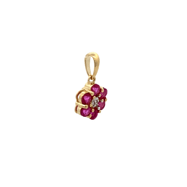 Ruby & diamond flower pendant set in 9ct yellow gold