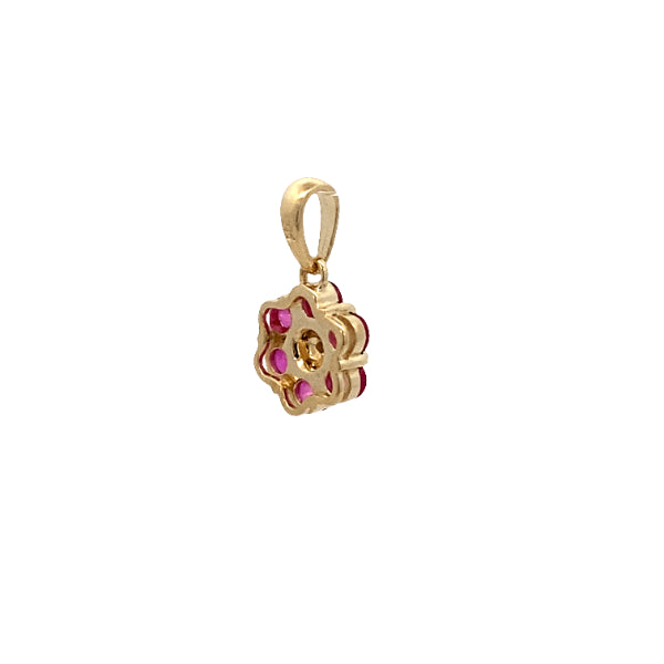 Ruby & diamond flower pendant set in 9ct yellow gold