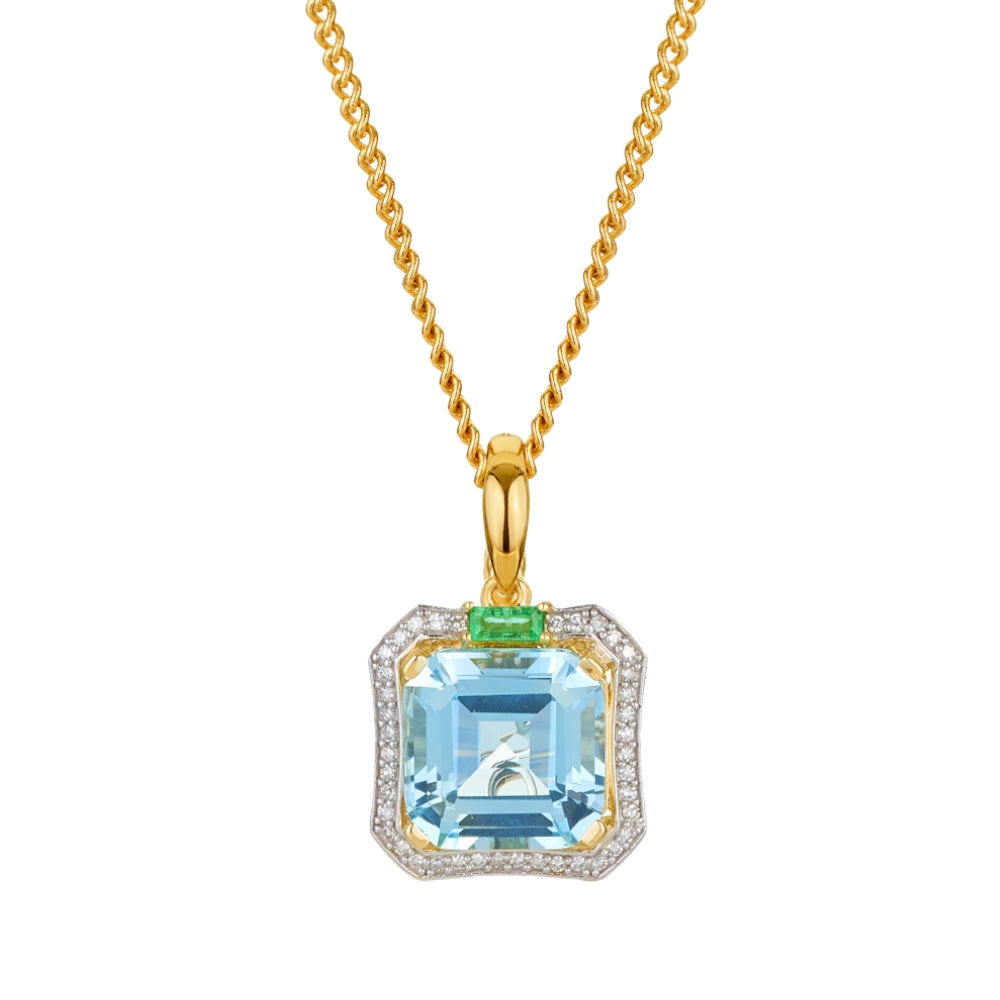 Blue topaz, emerald and diamond halo enhancer pendant