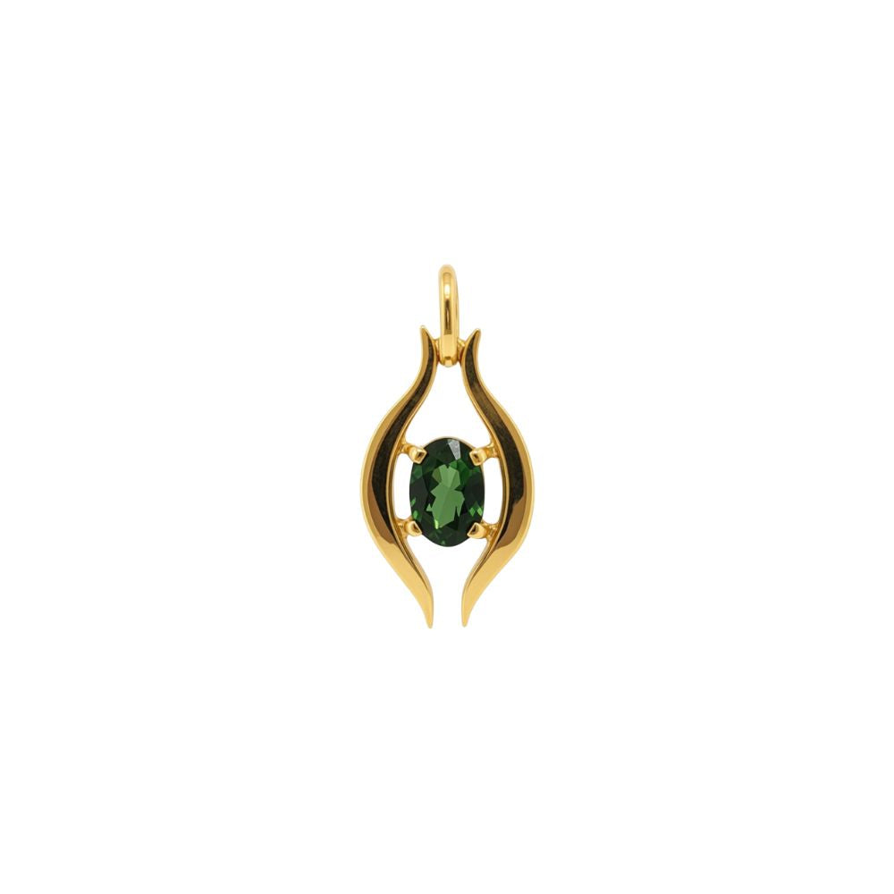 Oval green tourmaline pendant set in curved 9ct yellow gold frame