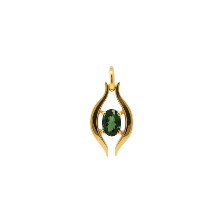 Oval green tourmaline pendant set in curved 9ct yellow gold frame