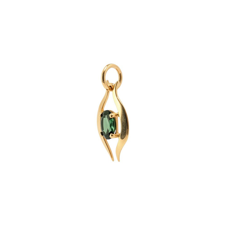 Oval green tourmaline pendant set in curved 9ct yellow gold frame