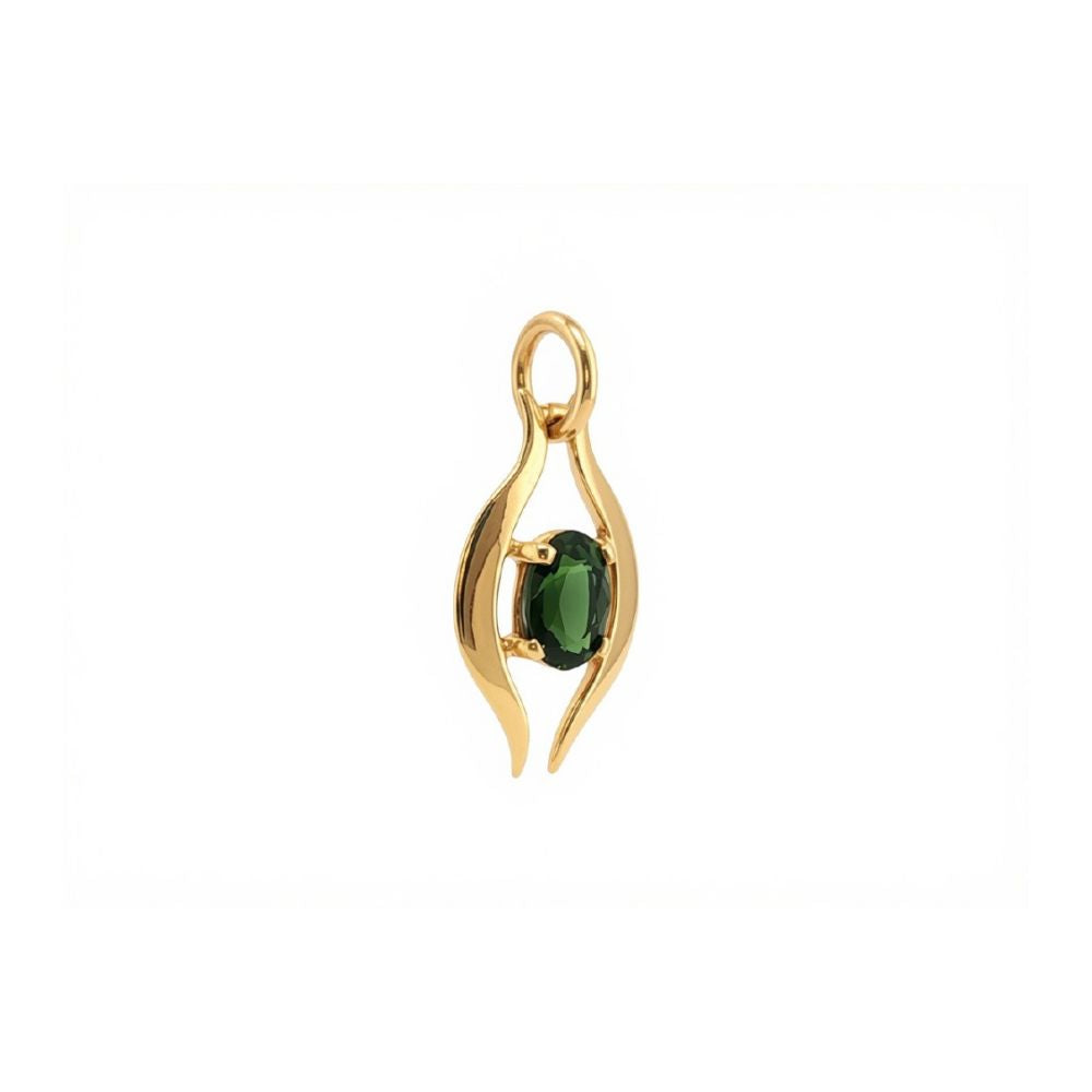 Oval green tourmaline pendant set in curved 9ct yellow gold frame