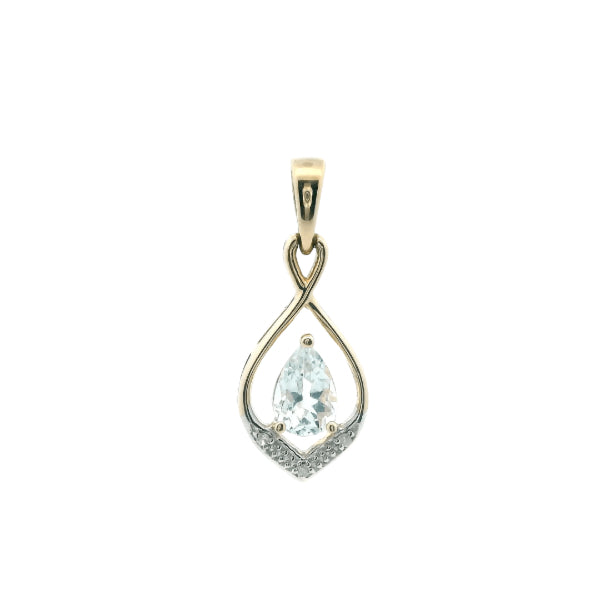 Pear twist aquamarine and diamond pendant in 9ct yellow gold