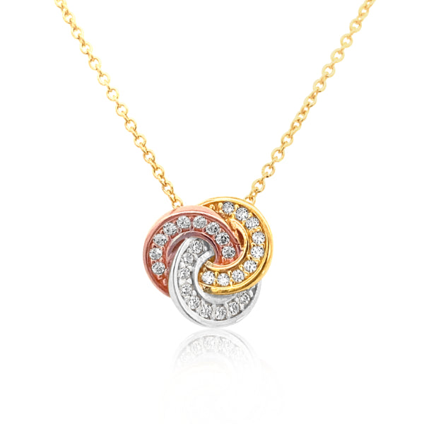 CZ flat ring knot pendant in 9ct tri colour gold on 45cm gold chain
