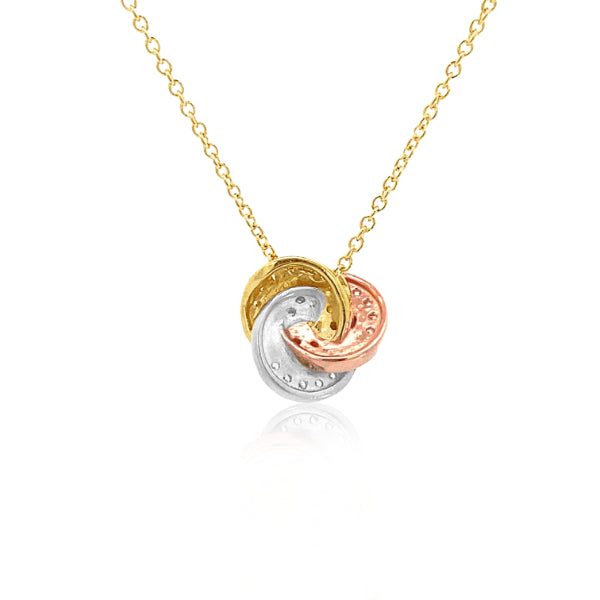 CZ flat ring knot pendant in 9ct tri colour gold on 45cm gold chain