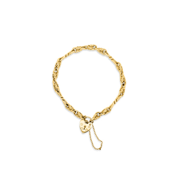 Infinity and Twist link bracelet with flat padlock in 9ct yellow gold