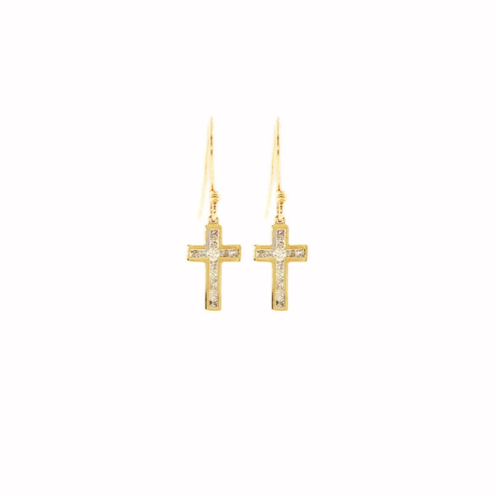Diamond set cross hook earrings in 9ct yellow gold