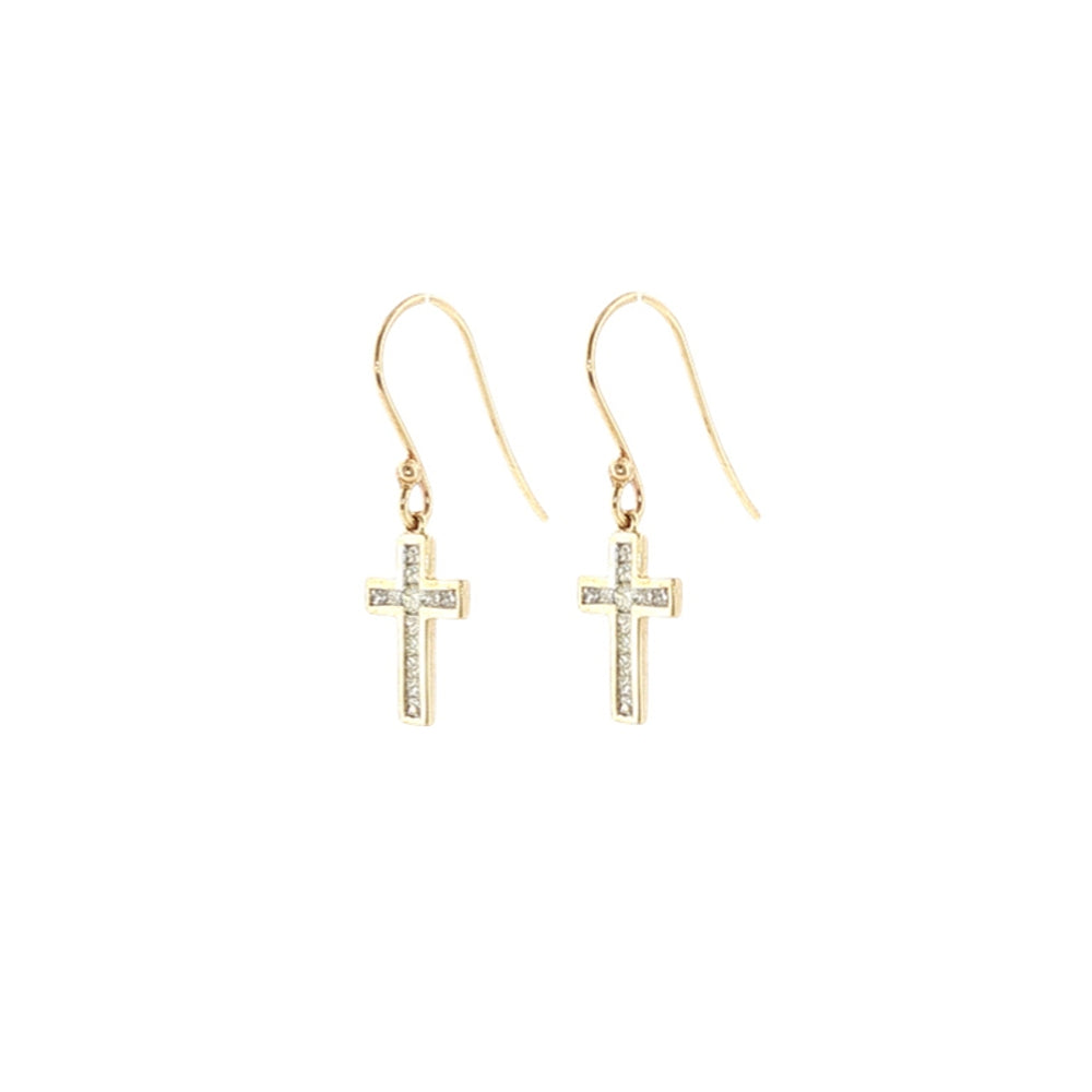 Diamond set cross hook earrings in 9ct yellow gold