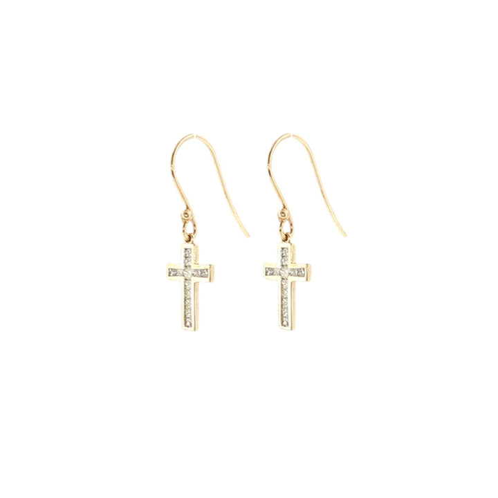 Diamond set cross hook earrings in 9ct yellow gold