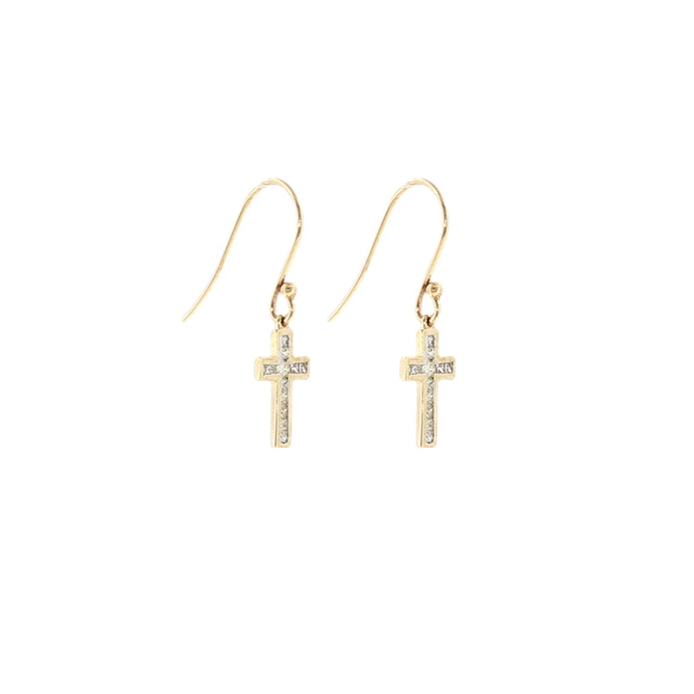 Diamond set cross hook earrings in 9ct yellow gold