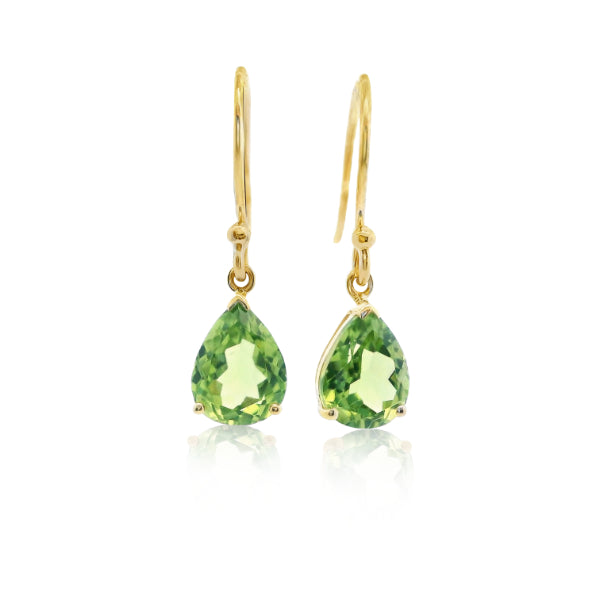 Teardrop peridot hook earrings in 9ct yellow gold