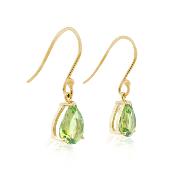 Teardrop peridot hook earrings in 9ct yellow gold
