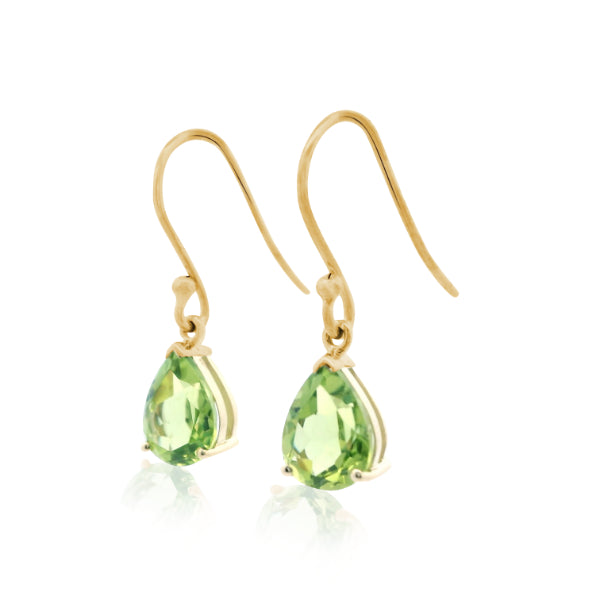 Teardrop peridot hook earrings in 9ct yellow gold