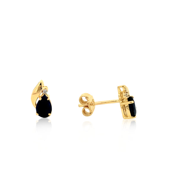 Dark blue sapphire and diamond stud earrings in 9ct yellow gold