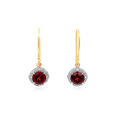 Garnet and diamond halo drop earrings in 9ct yellow gold