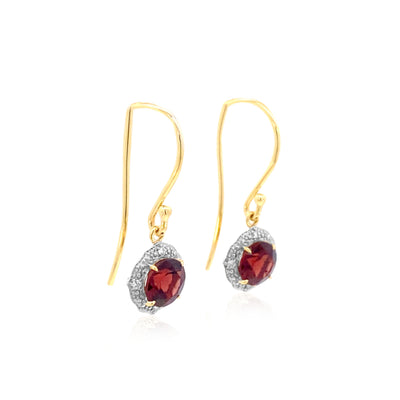 Garnet and diamond halo drop earrings in 9ct yellow gold