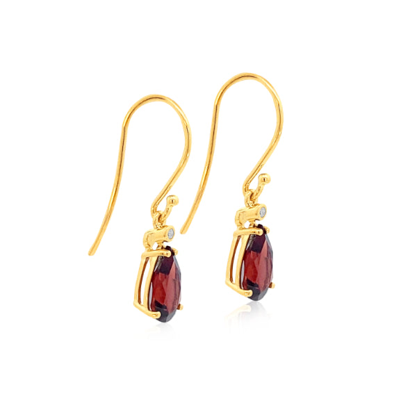 Pear garnet and diamond drop earrings in 9ct yellow gold