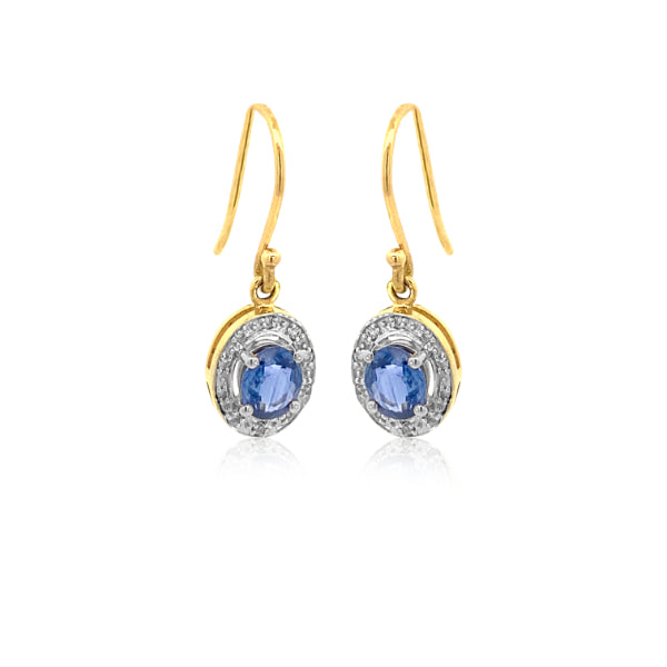 Ceylon sapphire and diamond halo drop earrings in 9ct yellow gold