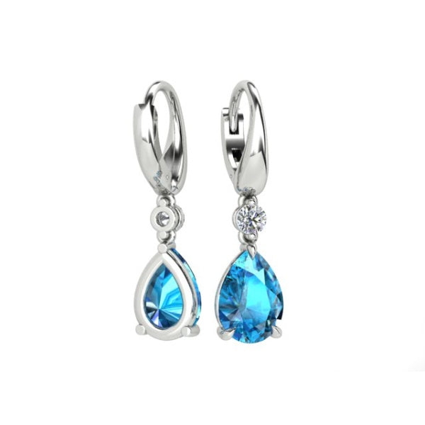 Swiss blue topaz and diamond teardrop earrings in 18ct white gold