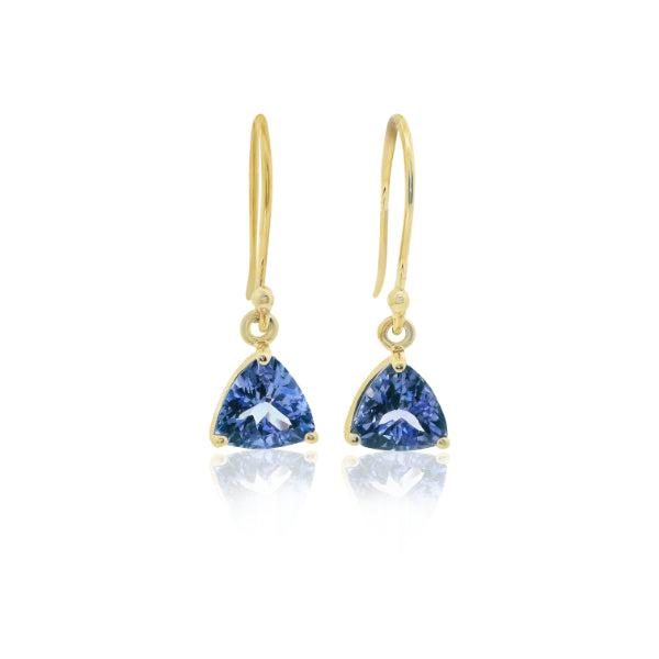 Triangular tanzanite hook earrings in 9ct yellow gold