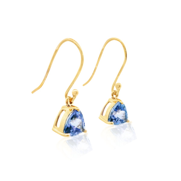 Triangular tanzanite hook earrings in 9ct yellow gold