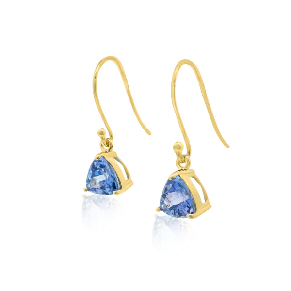 Triangular tanzanite hook earrings in 9ct yellow gold