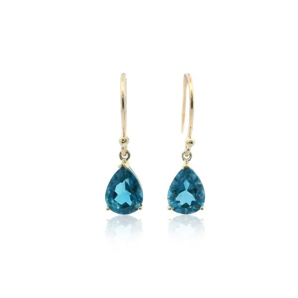 9ct yellow gold hooks with teardrop london blue topaz
