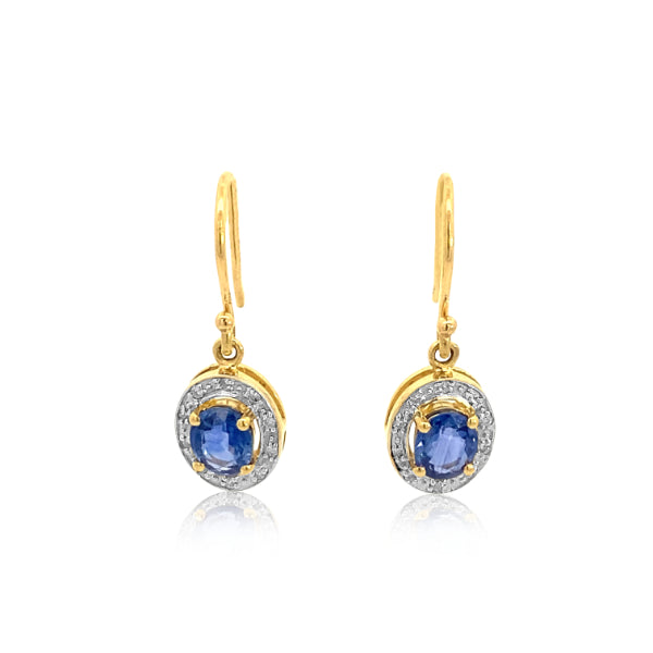 Ceylon sapphire and diamond halo drop earrings in 18ct yellow gold