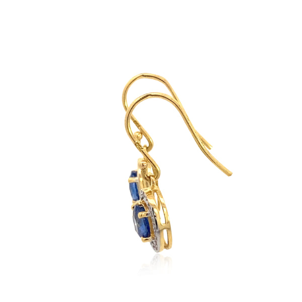 Ceylon sapphire and diamond halo drop earrings in 18ct yellow gold