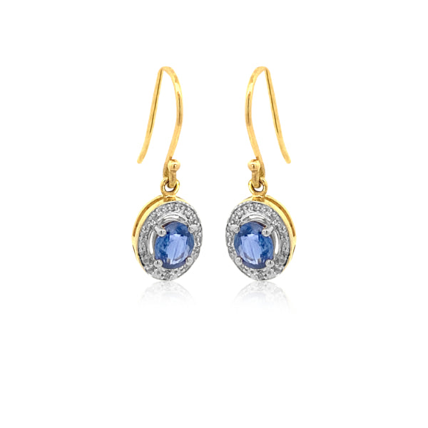 Ceylon sapphire and diamond halo drop earrings in 18ct yellow gold