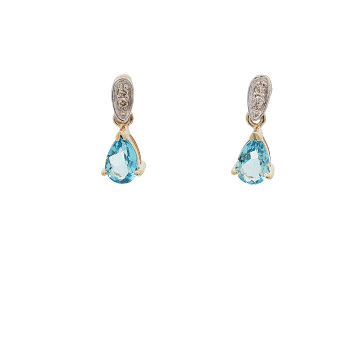 Pear blue topaz and diamond set drop stud earrings in 9ct yellow gold