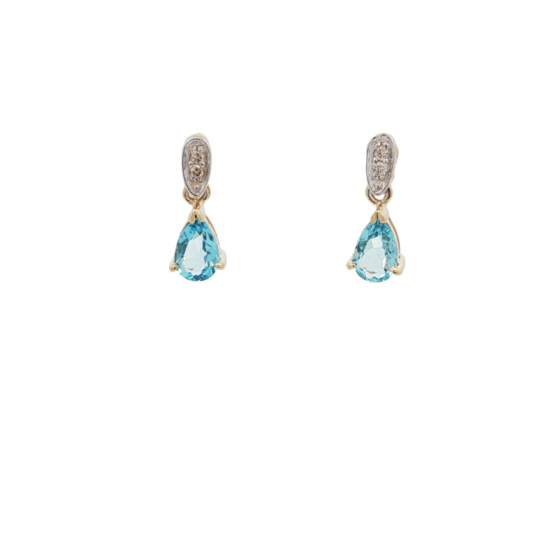 Pear blue topaz and diamond set drop stud earrings in 9ct yellow gold