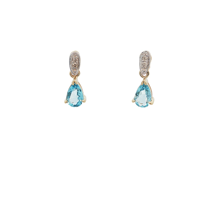 Pear blue topaz and diamond set drop stud earrings in 9ct yellow gold