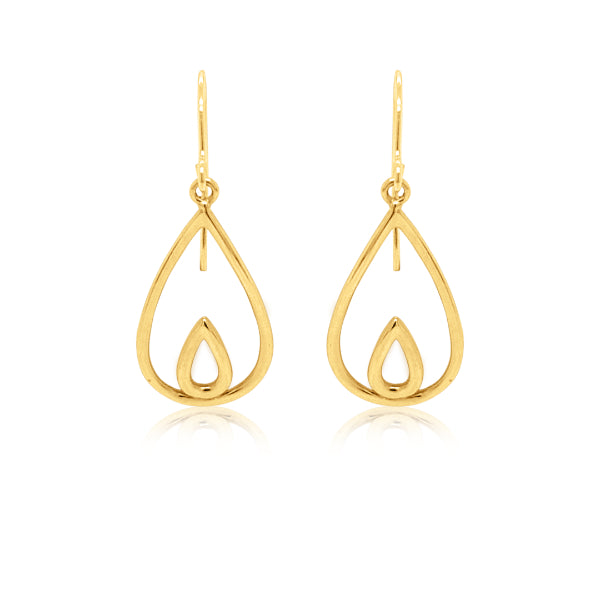 Double teardrop hook earrings in 9ct yellow gold