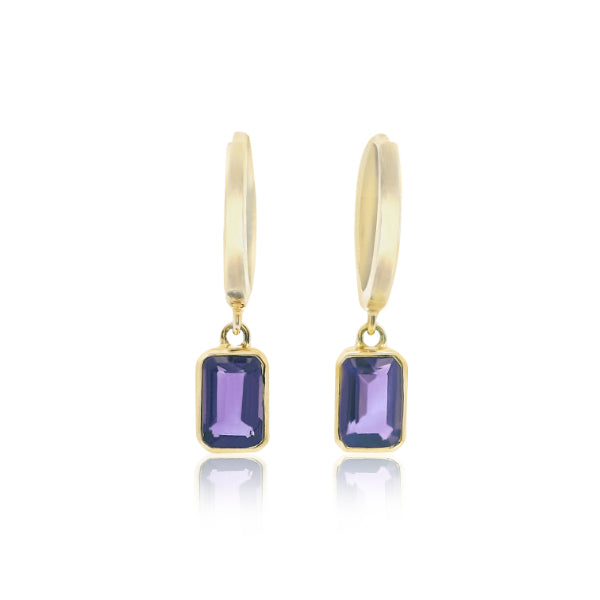 Huggie earrings with amethyst drops in 9ct yellow gold