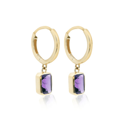 Huggie earrings with amethyst drops in 9ct yellow gold