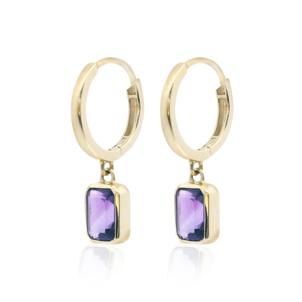 Huggie earrings with amethyst drops in 9ct yellow gold