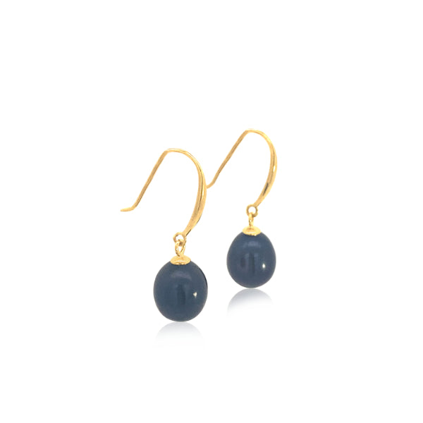 Black fresh water pearl drop earrings in 9ct yellow gold - 7mm