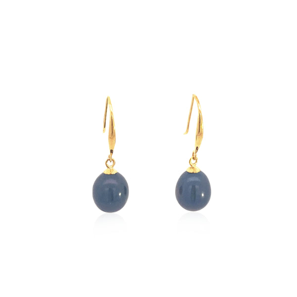 Black fresh water pearl drop earrings in 9ct yellow gold - 7mm