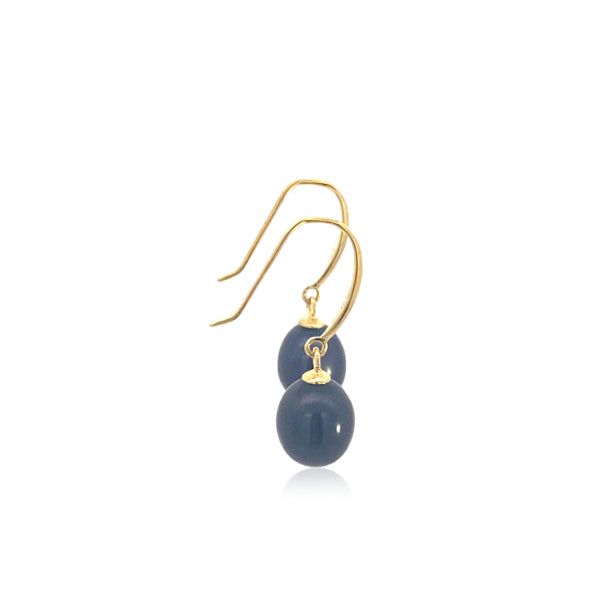 Black fresh water pearl drop earrings in 9ct yellow gold - 7mm