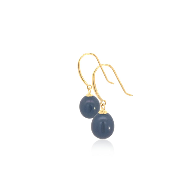 Black fresh water pearl drop earrings in 9ct yellow gold - 7mm