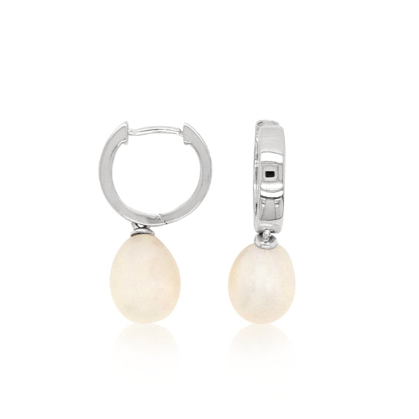 Round freshwater pearl huggies earrings in sterling silver