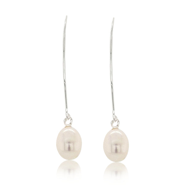 White fresh water pearl on long hook earrings in sterling silver