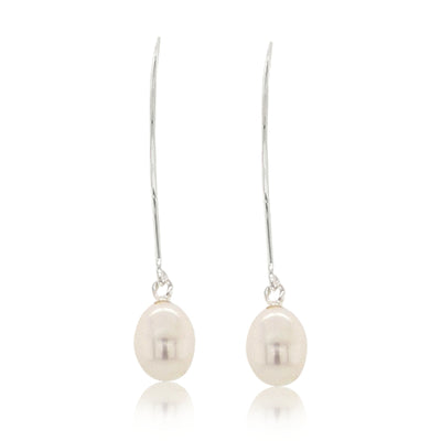 Fresh water pearl on long hook earrings in sterling silver