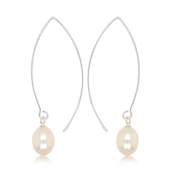 White fresh water pearl on long hook earrings in sterling silver