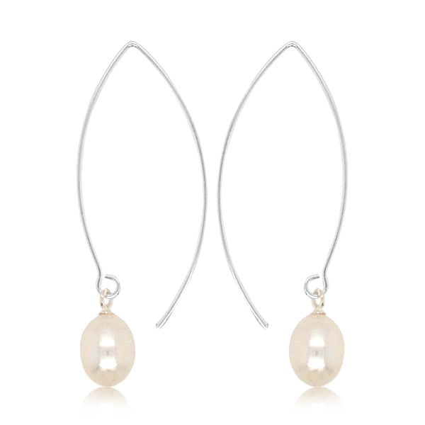 Fresh water pearl on long hook earrings in sterling silver