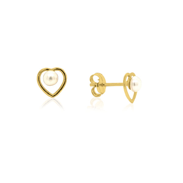 Heart with pearl stud earrings in 9ct yellow gold