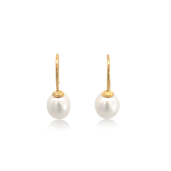White fresh water pearl shepherd hook earrings in 9ct yellow gold - 9mm